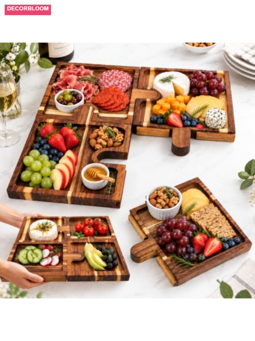 Acacia Wood Charcuterie Board Set of 4 Puzzle Serving Trays with Stand